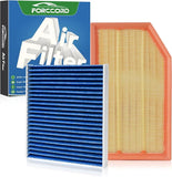 Cabin and engine air filter kit with blue pleated cabin filter, orange-framed engine filter and packaging