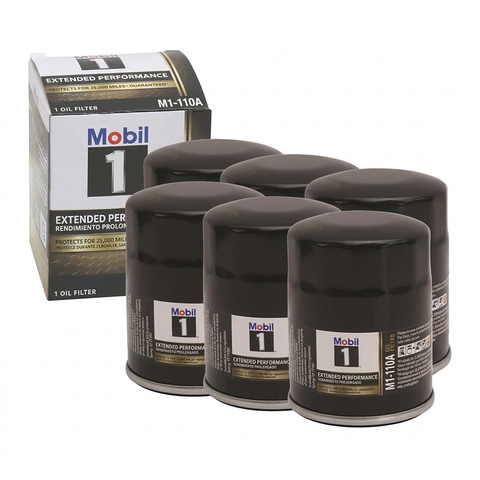 Six Mobil 1 oil filters with retail box on white