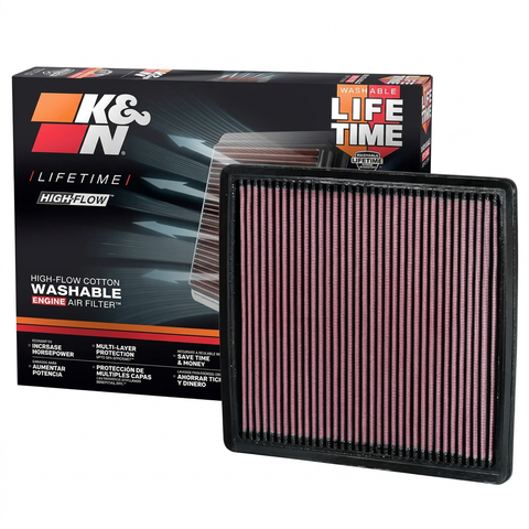 K&N 33-2385 engine air filter with retail box on white
