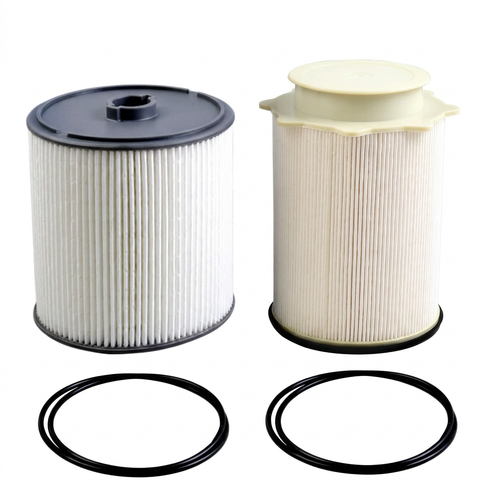 Two diesel filter cartridges and sealing rings on white