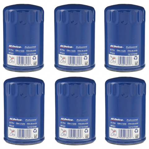 Six ACDelco PF63 blue oil filters on a white background