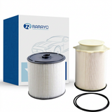 Fuel filter and water separator set with packaging on white