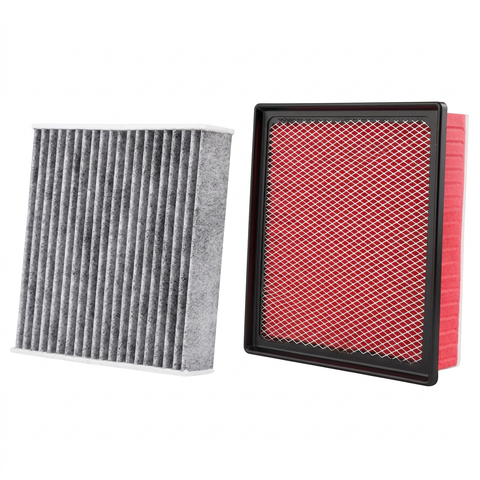 Engine and cabin air filter pair on pure white